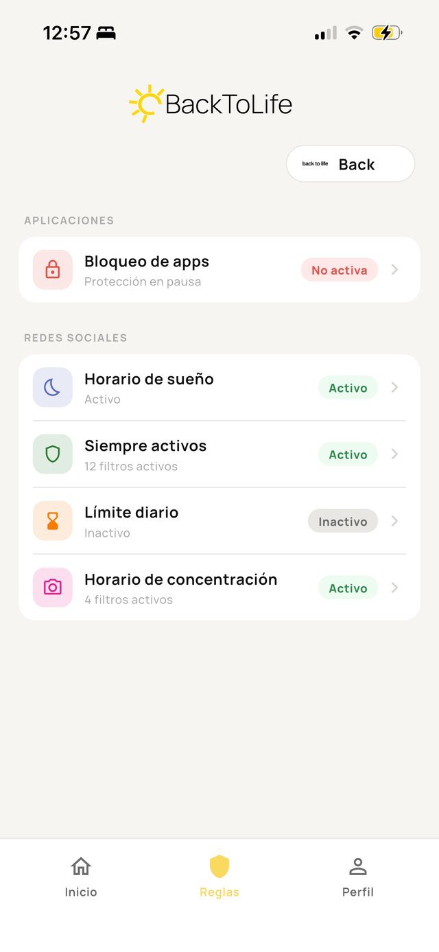 Pantalla de reglas de BackToLife Parent: filtros siempre activos, horario de sueño, límite diario y horario de concentración