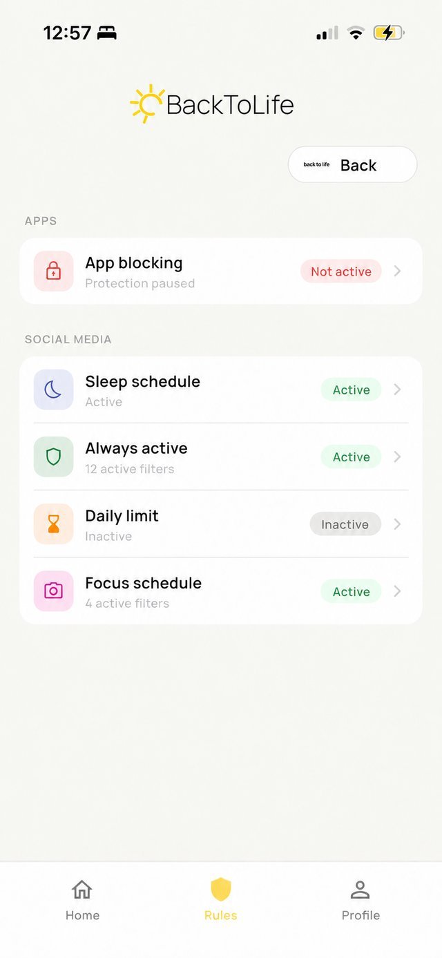 BackToLife Parent rules screen: always-on filters, sleep schedule, daily limit and focus schedule