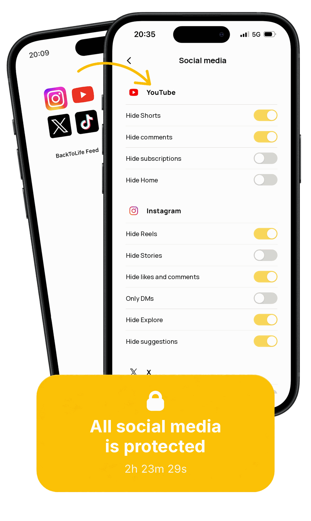 BackToLife screen: Instagram, YouTube, TikTok and X with Reels, Shorts and Explore turned off